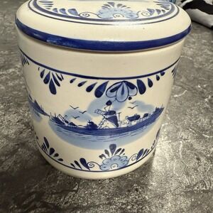 Vintage VERO Hand Painted Delfts Blue White Porcelain Jar‎ & Lid Canister